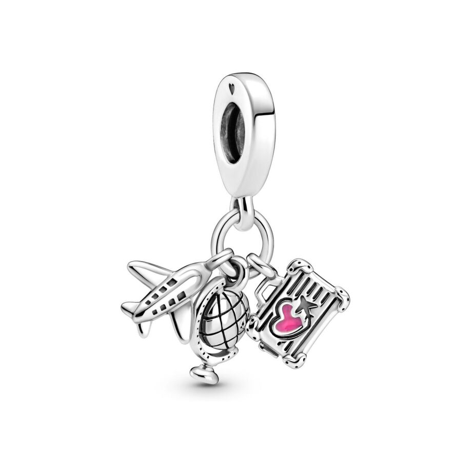 Charm Pandora avec pendentif avion, globe & valise en argent