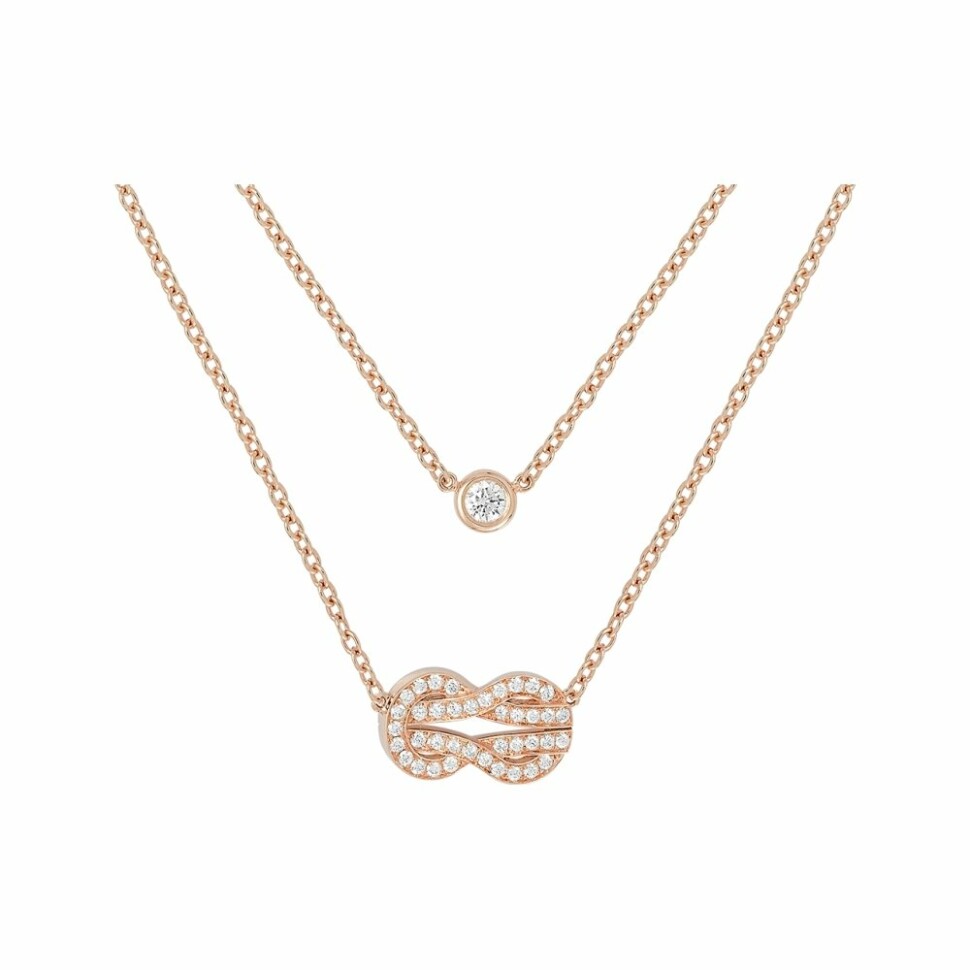 FRED Chance Infinie medium size double chain necklace, rose gold with diamond pave and one bezel-set diamond