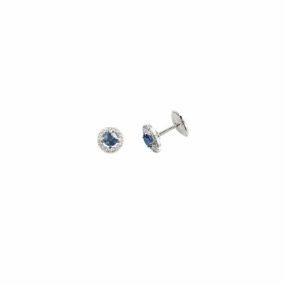 Boucles d'oreilles puces en or blanc, diamants et pierre de couleur