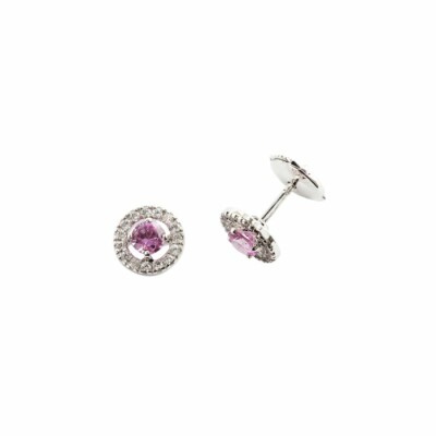 Boucles d'oreilles en or blanc, pierre de couleur et entourage diamants