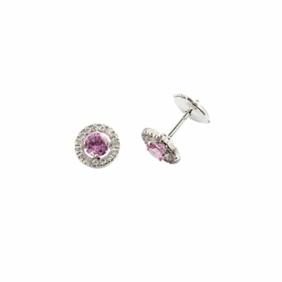 Boucles d'oreilles en or blanc, pierre de couleur et entourage diamants