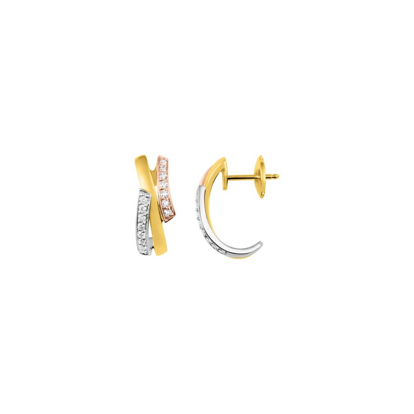Boucles d'oreilles créoles en or jaune, or rose et or blanc et diamants, 0.20ct