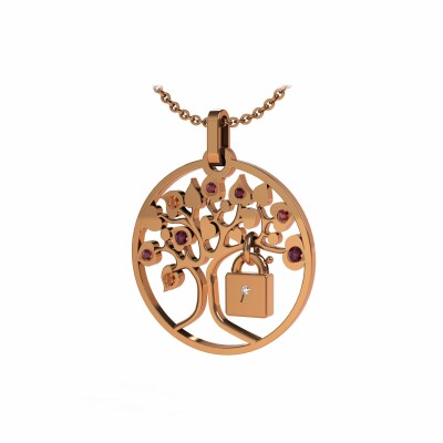 Pendentif Tournaire Lock & Love en or rose, diamant, saphirs rouges et oranges