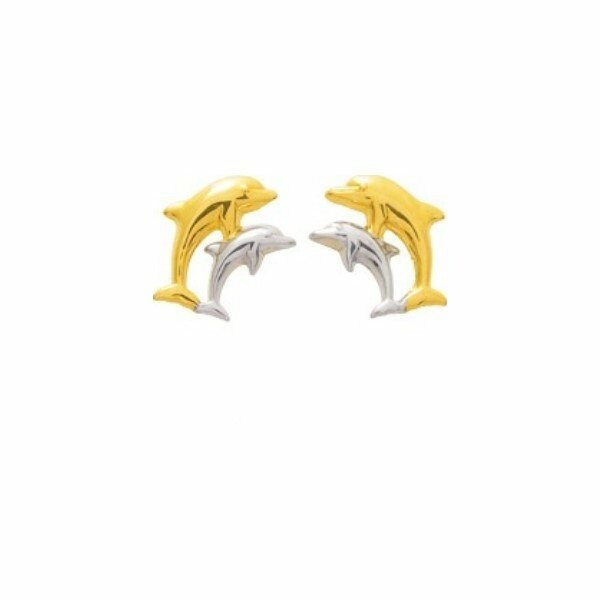 Boucles d'oreilles dauphins en or jaune et or blanc