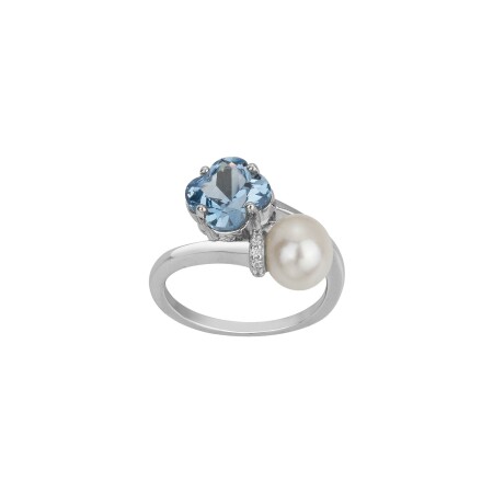 Bague Griffe Rouge en argent, perle d'eau douce, spinelle synthétique bleue et oxydes de zirconium