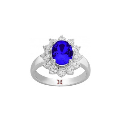 Bague Griffe Rouge en argent et oxyde de zirconium blanc et bleu