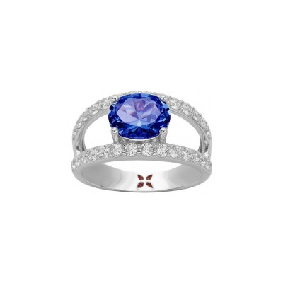 Bague Griffe Rouge en argent et oxyde de zirconium blanc et bleu