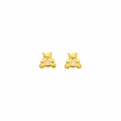 Boucles d'oreilles clous oursons en or jaune et oxydes de zirconium