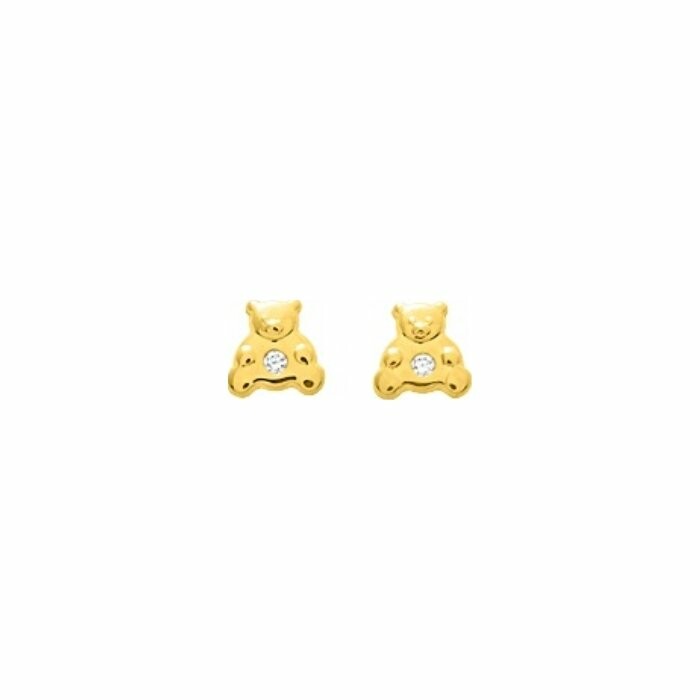 Boucles d'oreilles clous oursons en or jaune et oxydes de zirconium