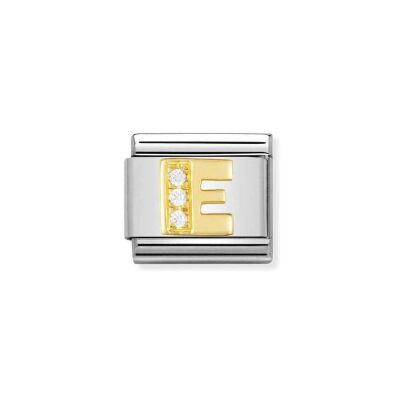 Charms Nomination Italy Composable Lettres en acier, or jaune et zircon, E