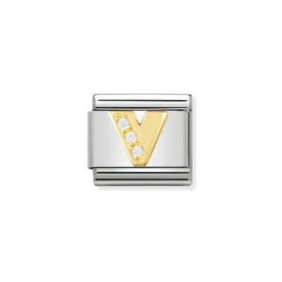 Charms Nomination Italy Composable Lettres en acier, or jaune et zircon, V