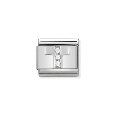 Charms Nomination Italy Composable Alphabet en acier, argent et zircon, T