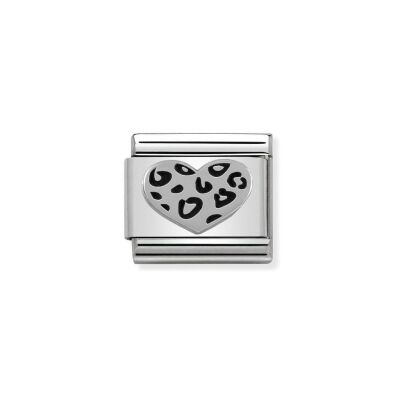 Charms Nomination Italy Composable Symboles en acier, argent et oxydes de zirconium, Coeur leopard