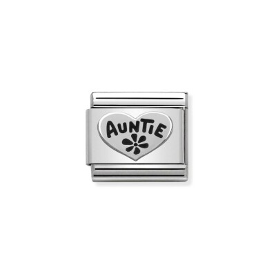 Charms Nomination Italy Composable Symboles en acier, argent et oxydes de zirconium, Coeur Auntie