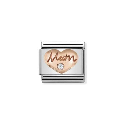 Charms Nomination Italy Composable Symboles en acier, or rose et zircon, Coeur Mum