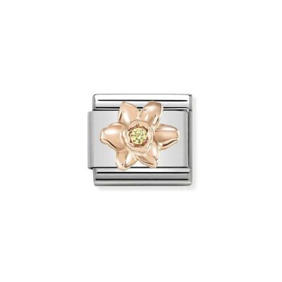 Charms Nomination Italy Composable Symboles en acier, or rose et zircon, Narcisse