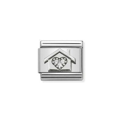 Charms Nomination Italy Composable Symboles en acier, argent et zircon, Maison avec coeur