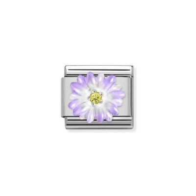 Charms Nomination Italy Composable Symboles en acier, argent, émail et zircon, Fleur violette