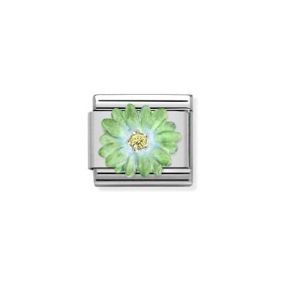 Charms Nomination Italy Composable Symboles en acier, argent, émail et zircon, Fleur verte