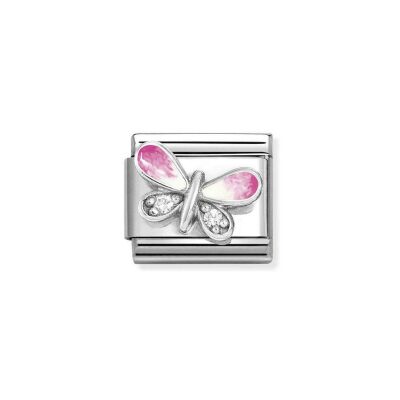 Charms Nomination Italy Composable Symboles en acier, argent, émail et zircon, Papillon rose