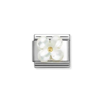 Charms Nomination Italy Composable Classic en acier, or jaune et nacre, Fleur nacre