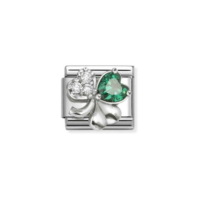 Charms Nomination Italy Composable Classic en acier, argent et oxydes de zirconium, Trèfle vert