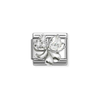 Charms Nomination Italy Composable Classic en acier, argent et zircon, Trèfle blanc