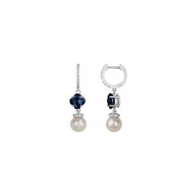 Boucles d'oreilles Griffe Rouge en argent, oxyde de zirconium bleu saphir et perle