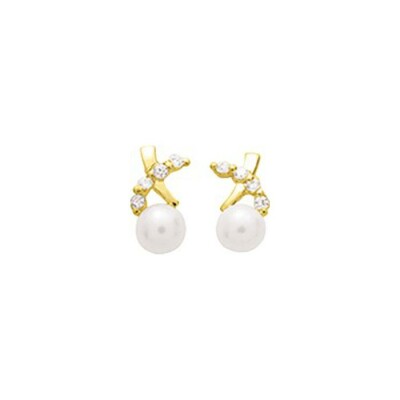 Puces d'oreilles en or jaune, oxydes de zirconium et perles