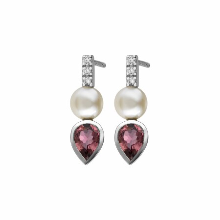 Boucles d'oreilles Garden Party Rendez-vous en or blanc. diamants. toumalines rose et perles Akoya