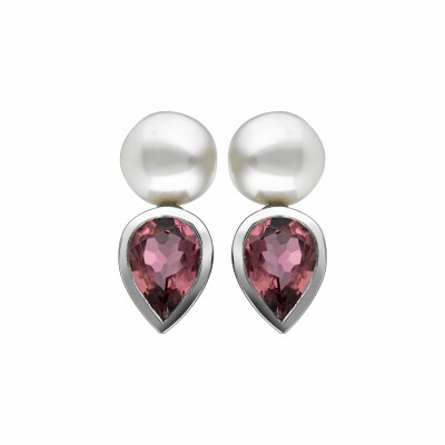 Boucles d'oreilles Garden Party Rendez-vous en or blanc. toumaline rose et perle Akoya