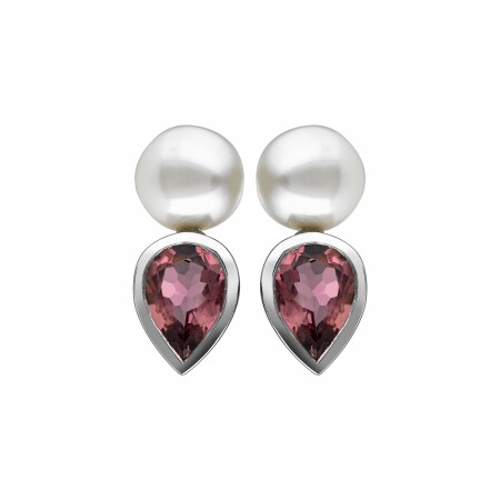 Boucles d'oreilles Garden Party Rendez-vous en or blanc. toumaline rose et perle Akoya