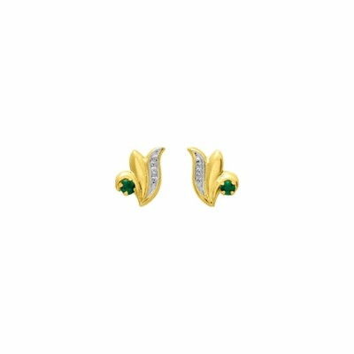 Boucles d'oreilles clou en or jaune, rhodium et émeraudes