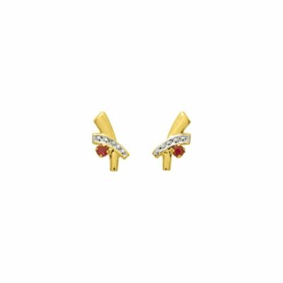 Boucles d'oreilles clou en or jaune, rhodium et rubis