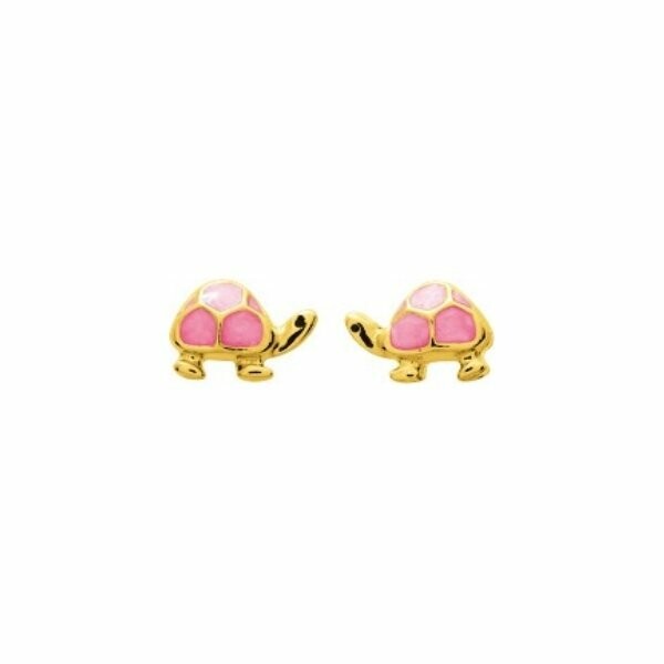 Boucles d'oreilles tortues en or jaune et laque rose
