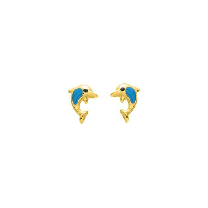 Puces d'oreilles dauphins en or jaune et laque