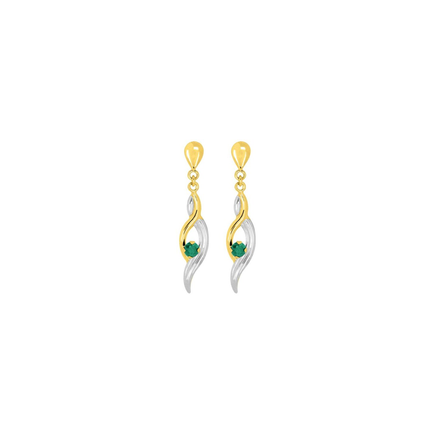 Boucles d'oreilles pendantes en or jaune rhodié et émeraudes