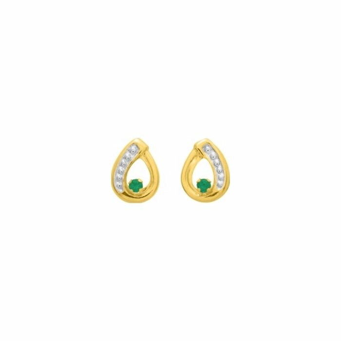 Boucles d'oreilles clous en or jaune, rhodium et émeraudes