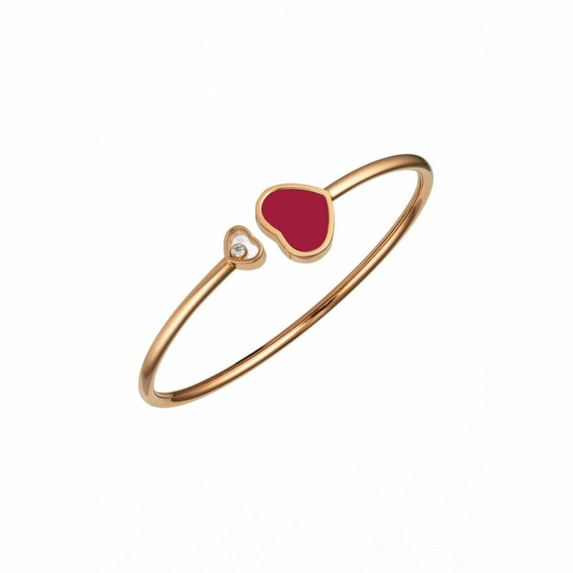 Bracelet jonc Chopard Happy Hearts en or rose et diamant, pierre rouge, taille M