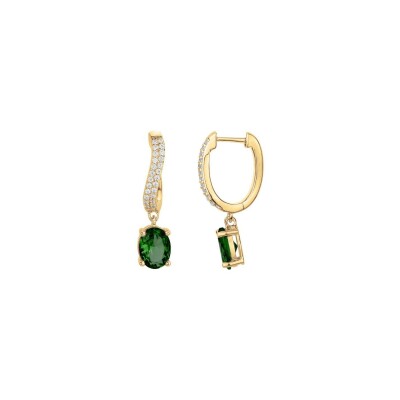 Boucles d'oreilles Griffe Rouge en plaqué or et oxyde de zirconium vert et blanc
