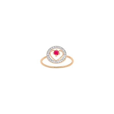 Bague cœur en vermeil, rubis et topazes blanches, taille 56