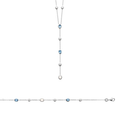 Collier en argent rhodié, oxydes de zirconium et pierre de couleur, 45cm