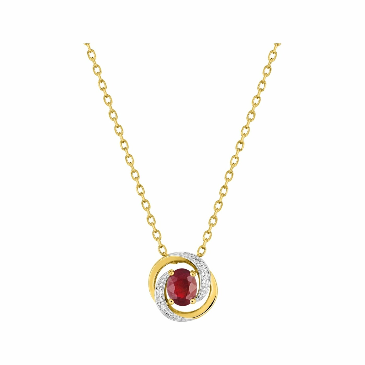 Collier en or jaune, rhodium, oxydes de zirconium et rubis