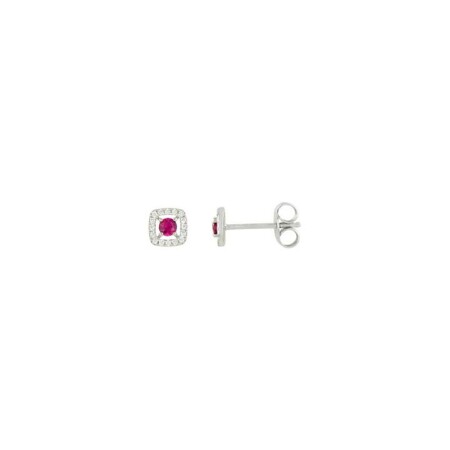 Boucles d'oreilles en or blanc, diamants de 0.10ct et rubis de 0.16ct