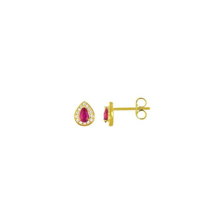 Boucles d'oreilles en or jaune, diamants de 0.10ct et rubis de 0.44ct