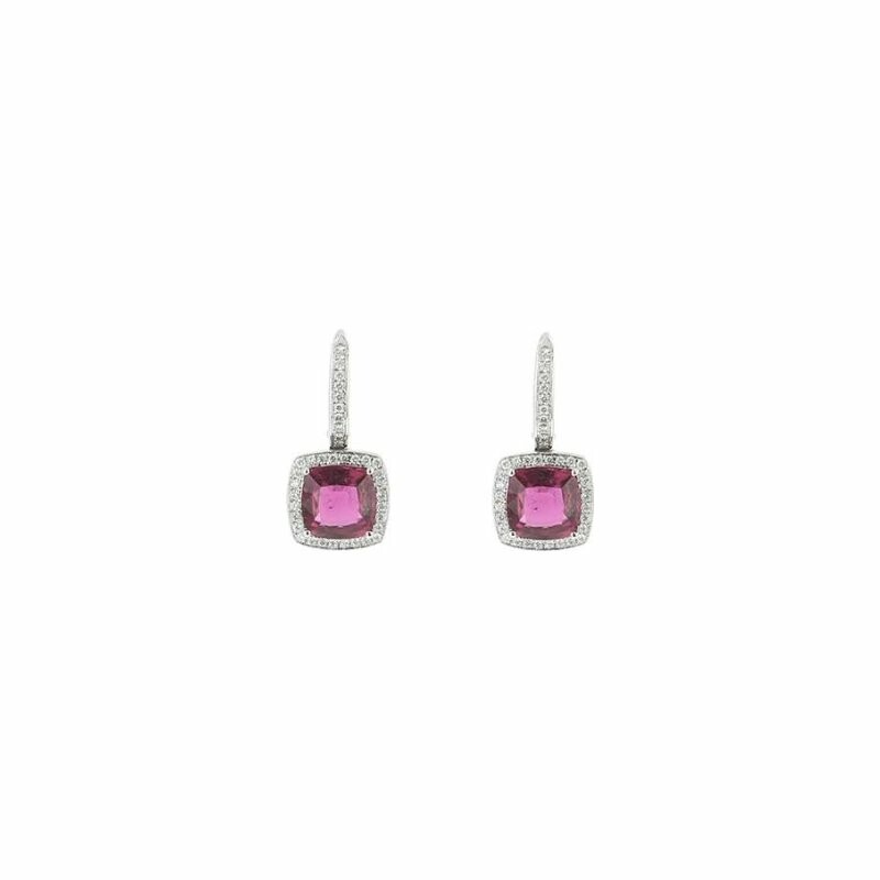 Square solitaire earrings in white gold and rubellite and diamond