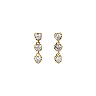 Boucles d'oreilles pendantes 3 cœurs en plaqué or et oxydes de zirconium