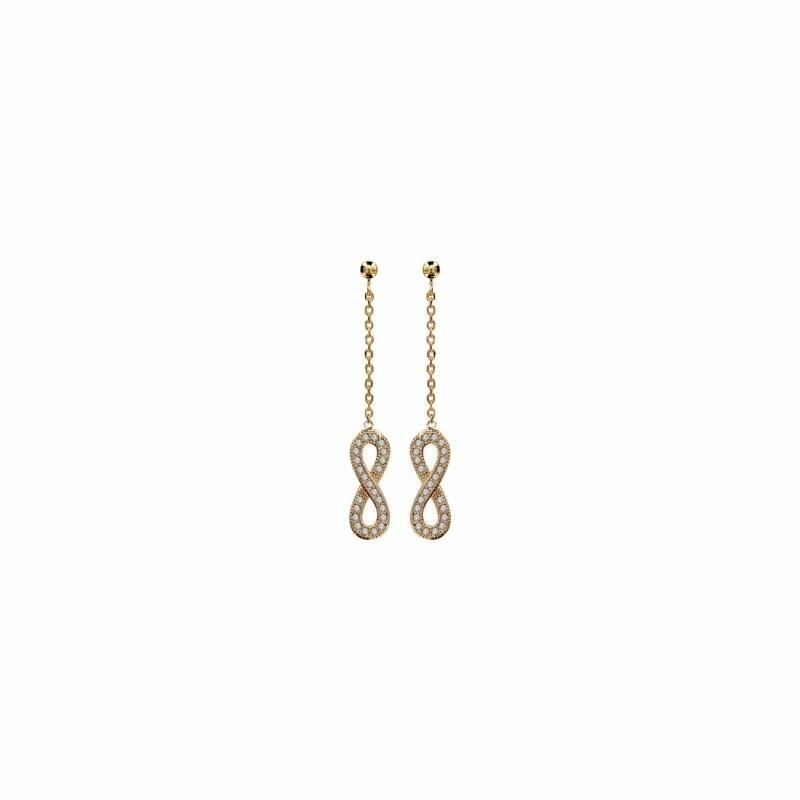 Boucles d'oreilles pendantes en plaqué or, forme infini et pierres blanches synthétiques