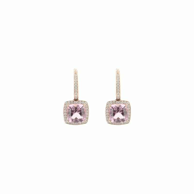 Square solitaire earrings in pink gold, pink tourmaline and diamonds