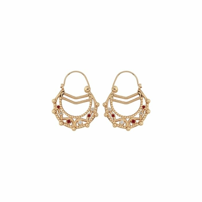 Boucles d'oreilles créoles ethniques plaqué or cristal rouge et blanc 23mm